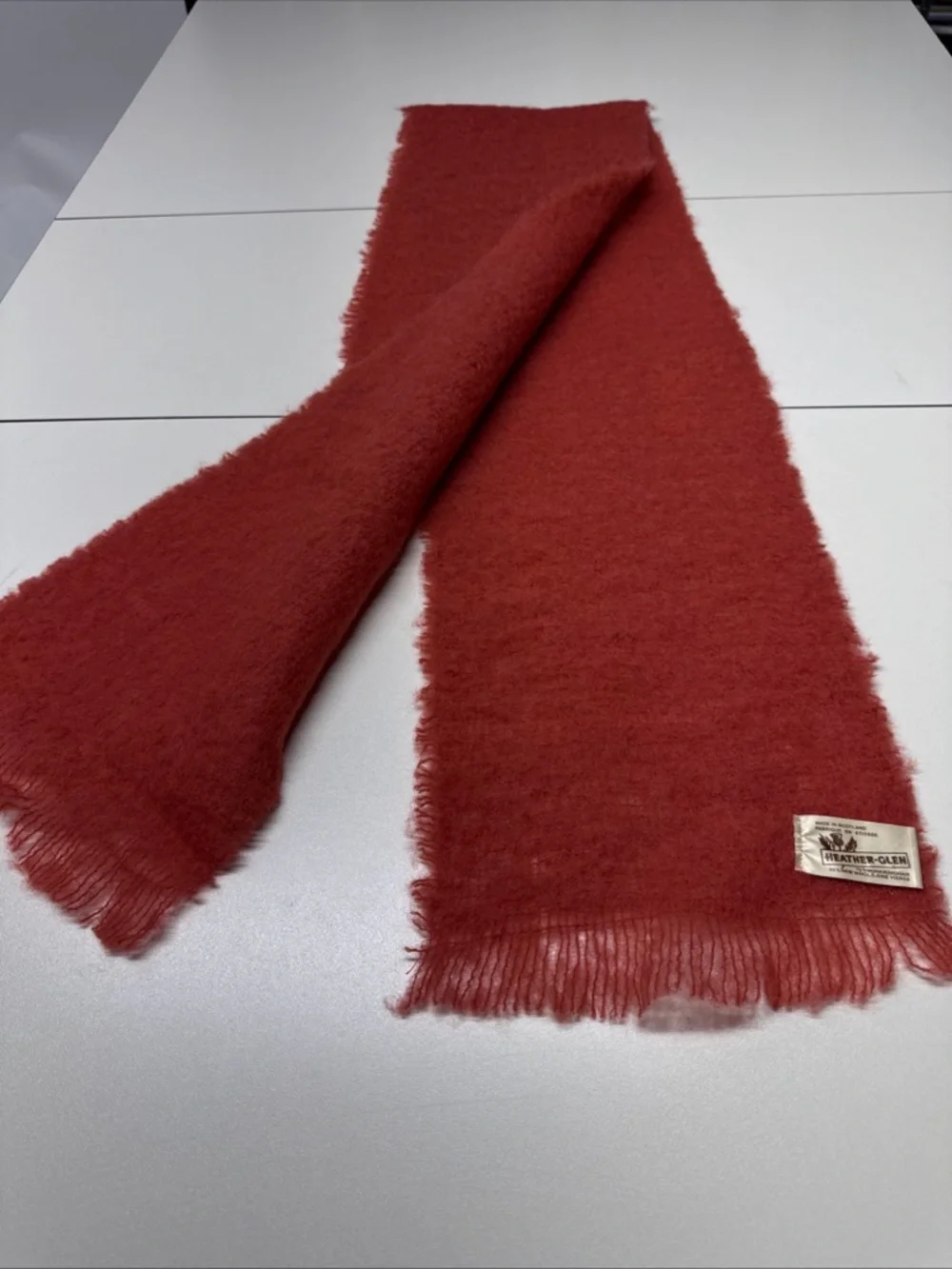Heather Glen Scotland Mohair Wool Coral Pink Red Scarf‎ 68”x9” Loose Knit Unisex